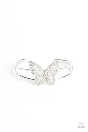Butterfly Bella - White - Rhinestone Paparazzi Cuff Bracelet