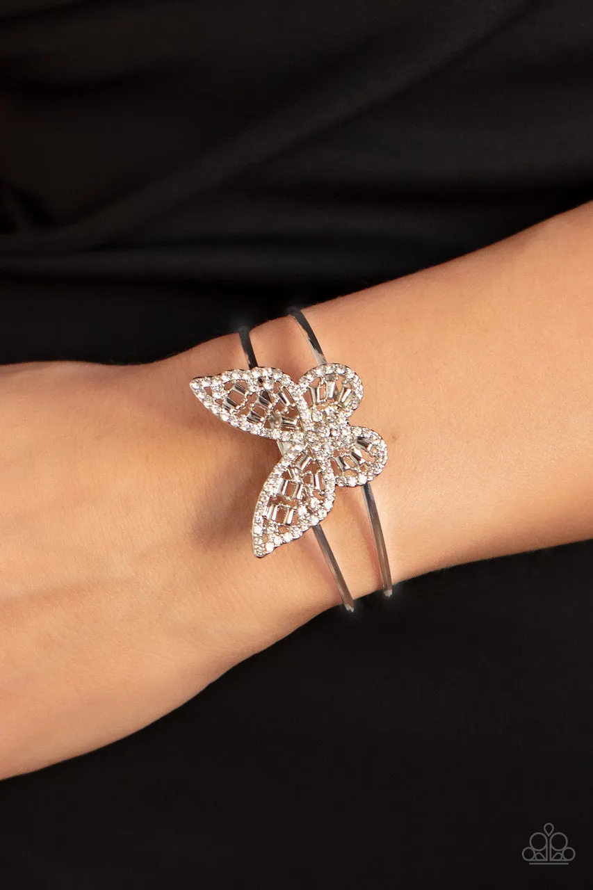 Butterfly Bella - White - Rhinestone Paparazzi Cuff Bracelet