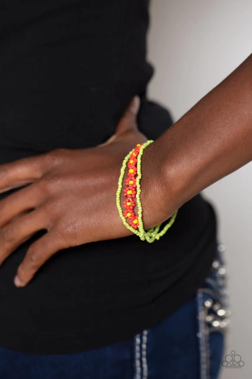 Buzzworthy Botanicals - Red - Seed Bead Daisy Flower Green Paparazzi Stretchy Bracelet