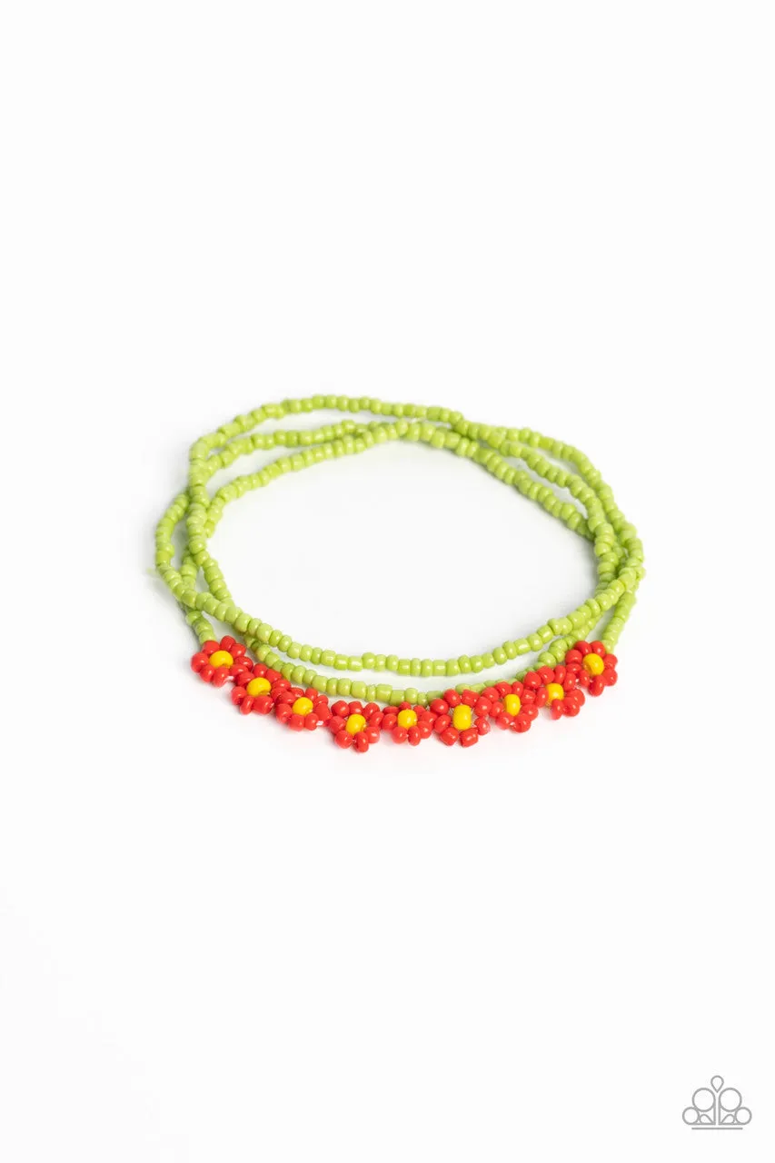 Buzzworthy Botanicals - Red - Seed Bead Daisy Flower Green Paparazzi Stretchy Bracelet
