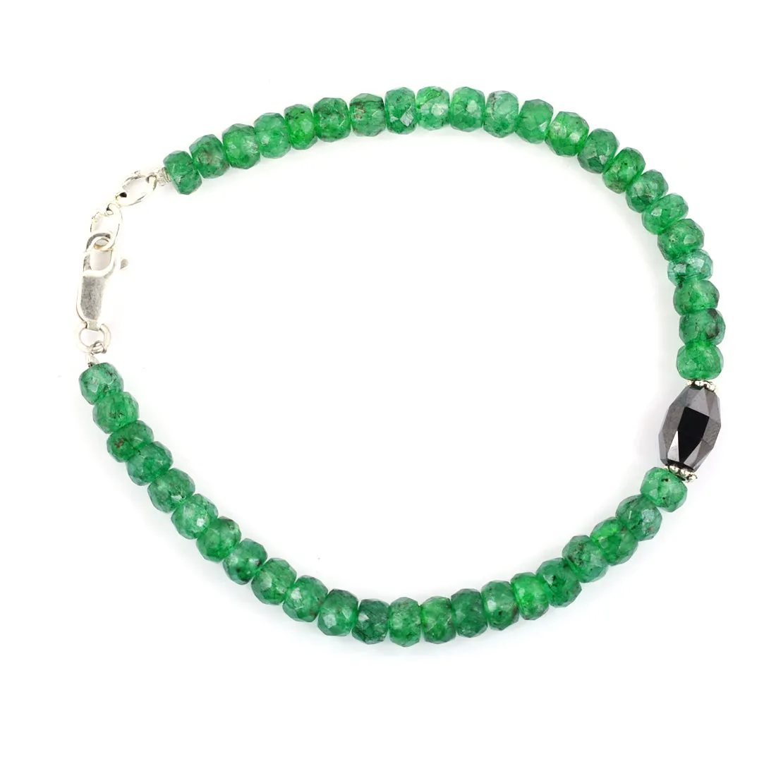 Certified 5 mm Emerald Gemstone Bracelet With Drum Shape Black Diamond Bead