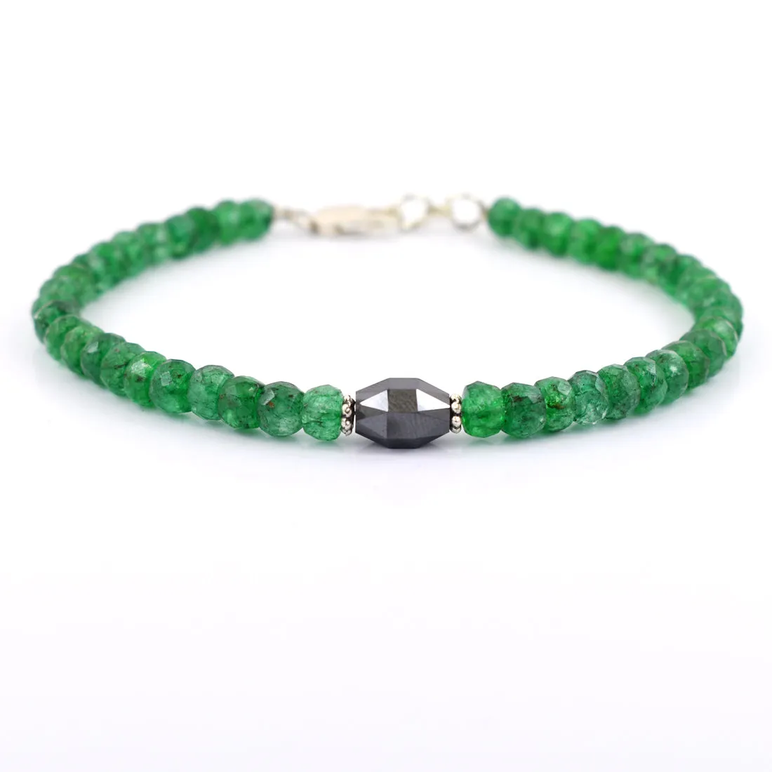 Certified 5 mm Emerald Gemstone Bracelet With Drum Shape Black Diamond Bead