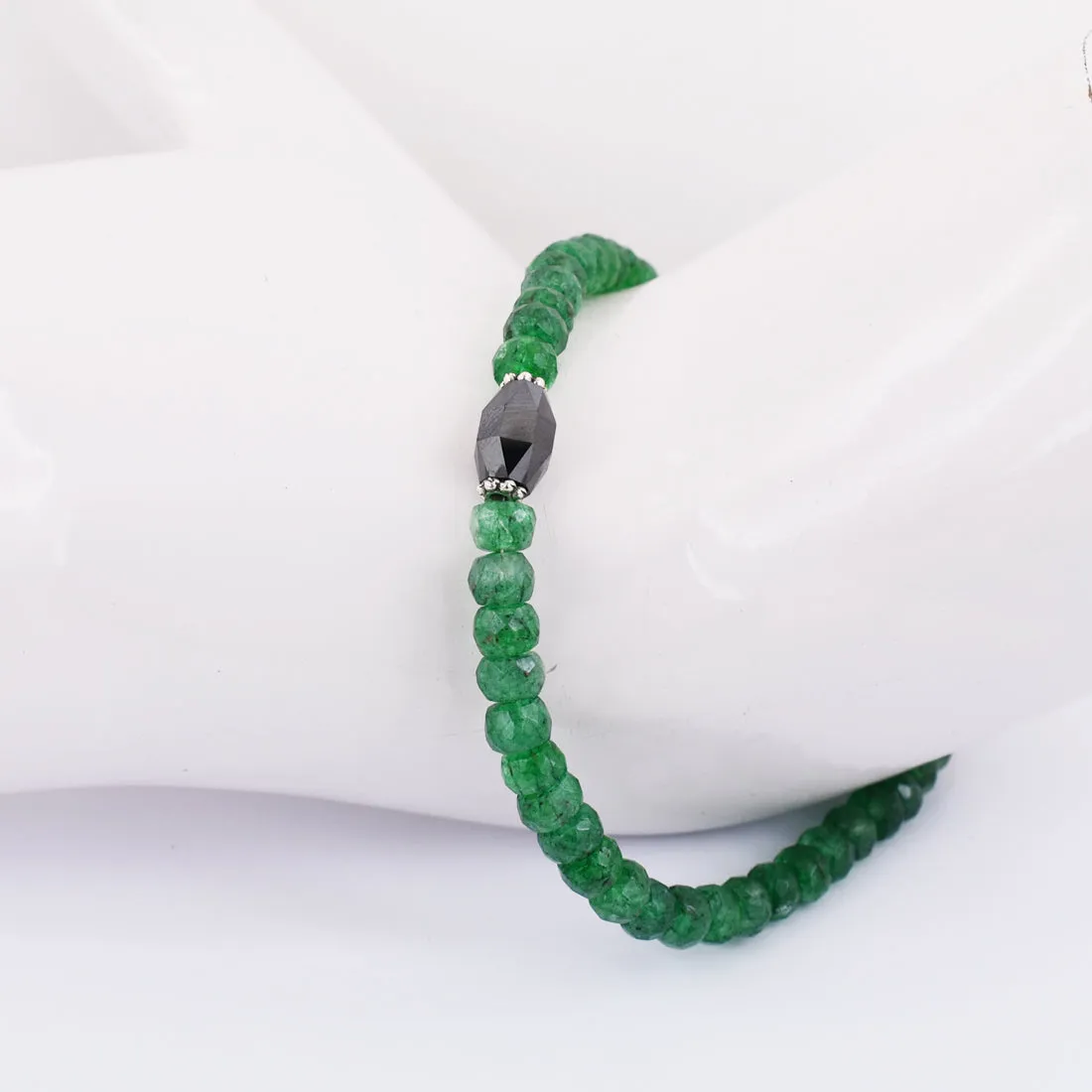 Certified 5 mm Emerald Gemstone Bracelet With Drum Shape Black Diamond Bead