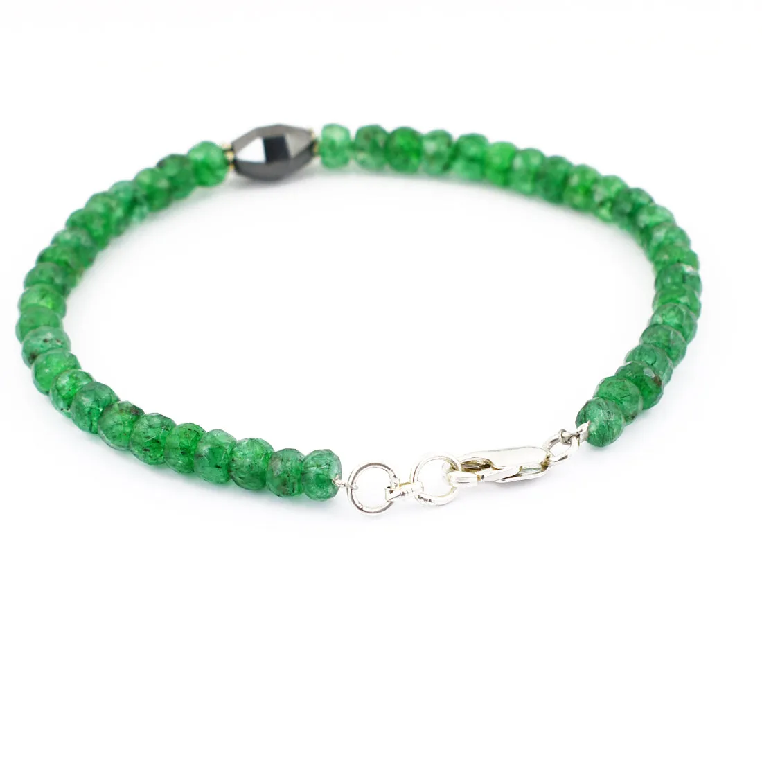 Certified 5 mm Emerald Gemstone Bracelet With Drum Shape Black Diamond Bead