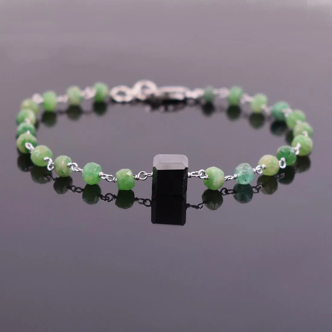 Certified 5 mm Emerald Gemstone Chain Bracelet With 7 mm Black Bead