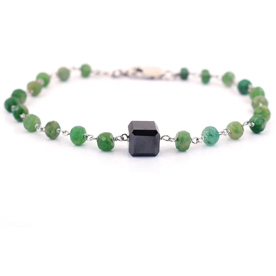 Certified 5 mm Emerald Gemstone Chain Bracelet With 7 mm Black Bead