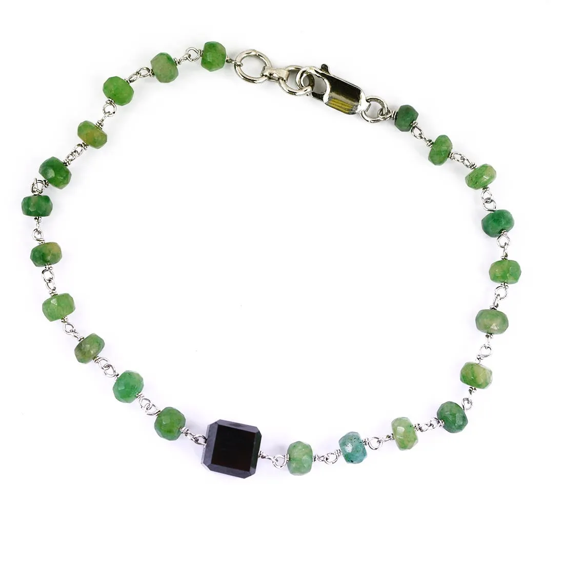 Certified 5 mm Emerald Gemstone Chain Bracelet With 7 mm Black Bead