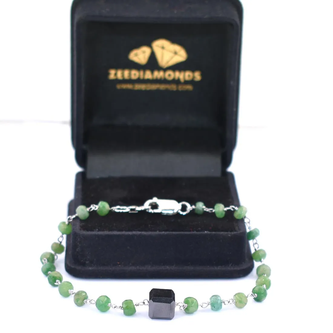 Certified 5 mm Emerald Gemstone Chain Bracelet With 7 mm Black Bead