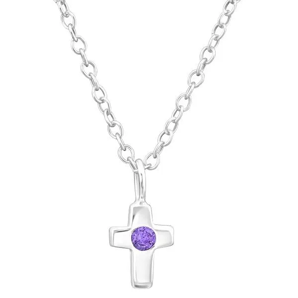 Children's Sterling Silver 'February Birthstone' Cross Necklace