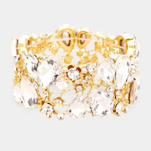 Clear Crystal Teardrop Floral Stretch Bracelet on Gold |  426856