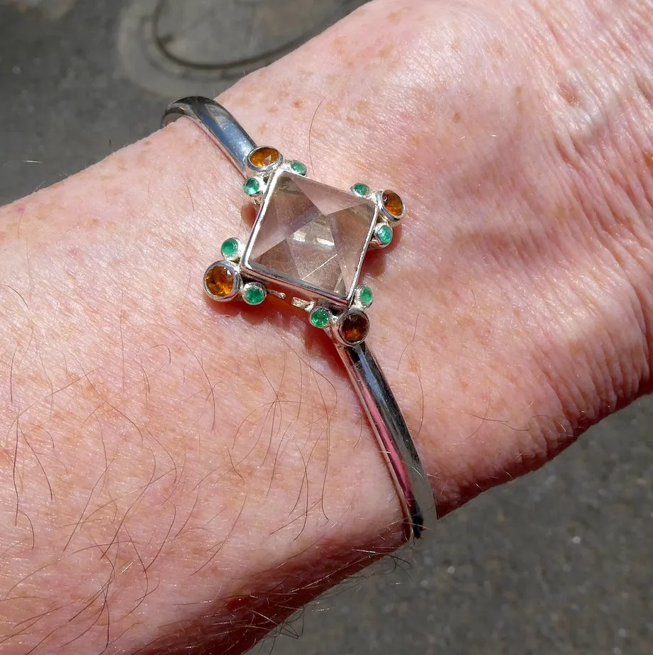 Clear Quartz Pyramid Cuff Bracelet, with Emerald and Mandarin Garnet,  925 Silver