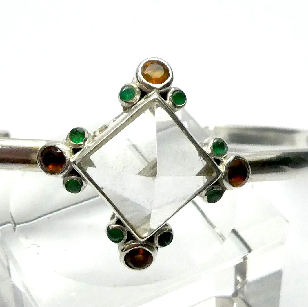 Clear Quartz Pyramid Cuff Bracelet, with Emerald and Mandarin Garnet,  925 Silver