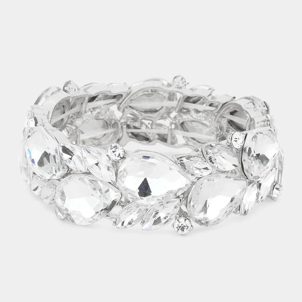 Clear Teardrop and Marquise Stone Cluster Stretch Pageant Bracelet | Bling Chunky Bracelet  |  569507