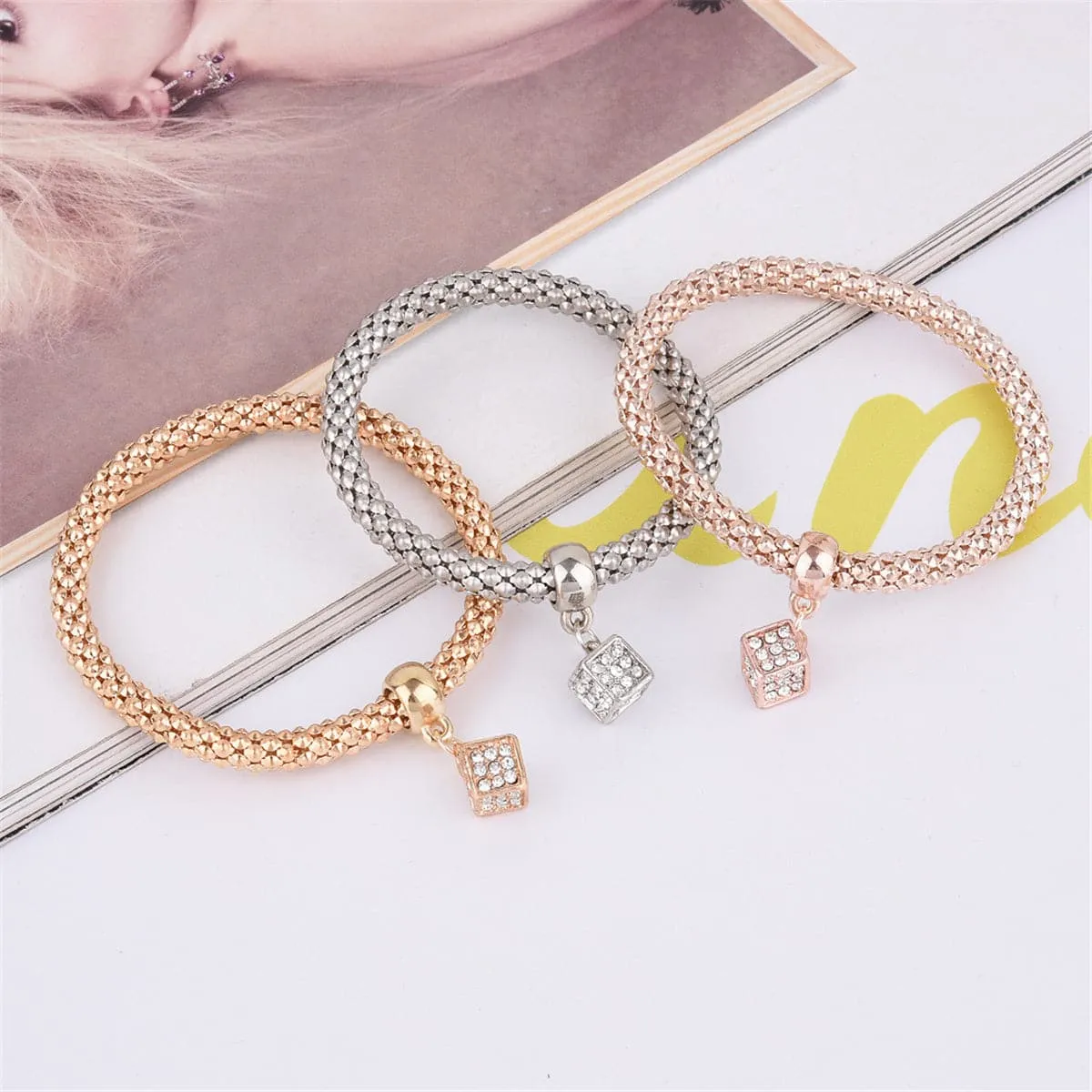 Cubic Zirconia & Three-Tone Hollow Cube Charm Bracelet Set
