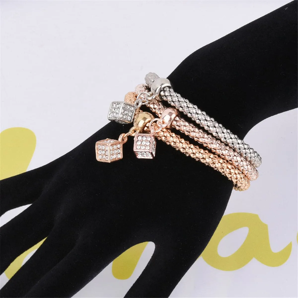 Cubic Zirconia & Three-Tone Hollow Cube Charm Bracelet Set