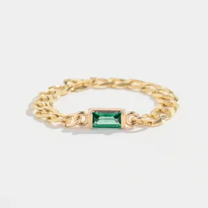 CURB CHAIN LINK RING | 14K GOLD | EMERALD
