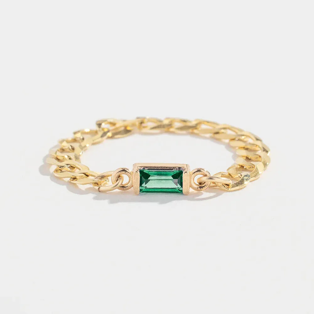 CURB CHAIN LINK RING | 14K GOLD | EMERALD