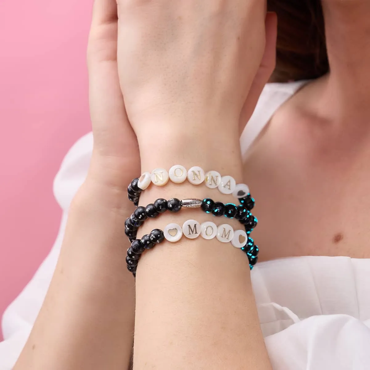 Custom Letter Bracelet | .925 Sterling Silver | Pitch Black Firefly Glass