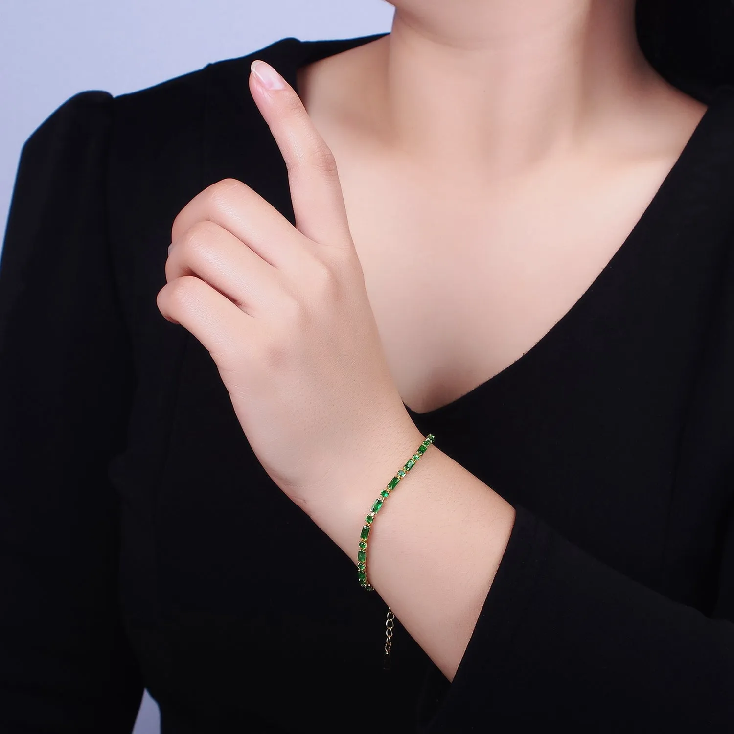 Dainty Gold Filled Tennis Bracelet Emerald Green Mix Baguette Round Cubic Zirconia Link Tennis Bracelet Minimalist Jewelry WA-1787