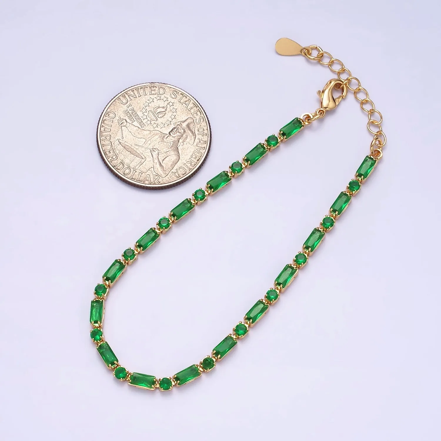 Dainty Gold Filled Tennis Bracelet Emerald Green Mix Baguette Round Cubic Zirconia Link Tennis Bracelet Minimalist Jewelry WA-1787
