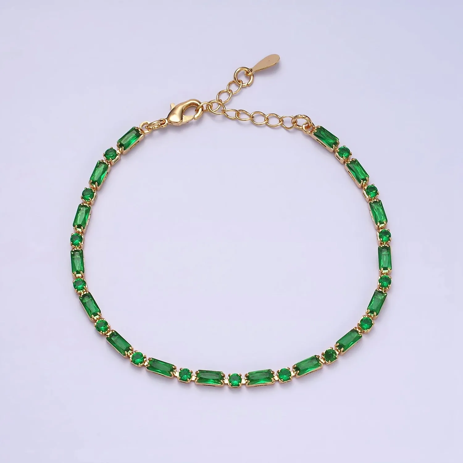 Dainty Gold Filled Tennis Bracelet Emerald Green Mix Baguette Round Cubic Zirconia Link Tennis Bracelet Minimalist Jewelry WA-1787