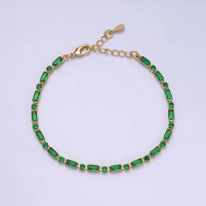 Dainty Gold Filled Tennis Bracelet Emerald Green Mix Baguette Round Cubic Zirconia Link Tennis Bracelet Minimalist Jewelry WA-1787