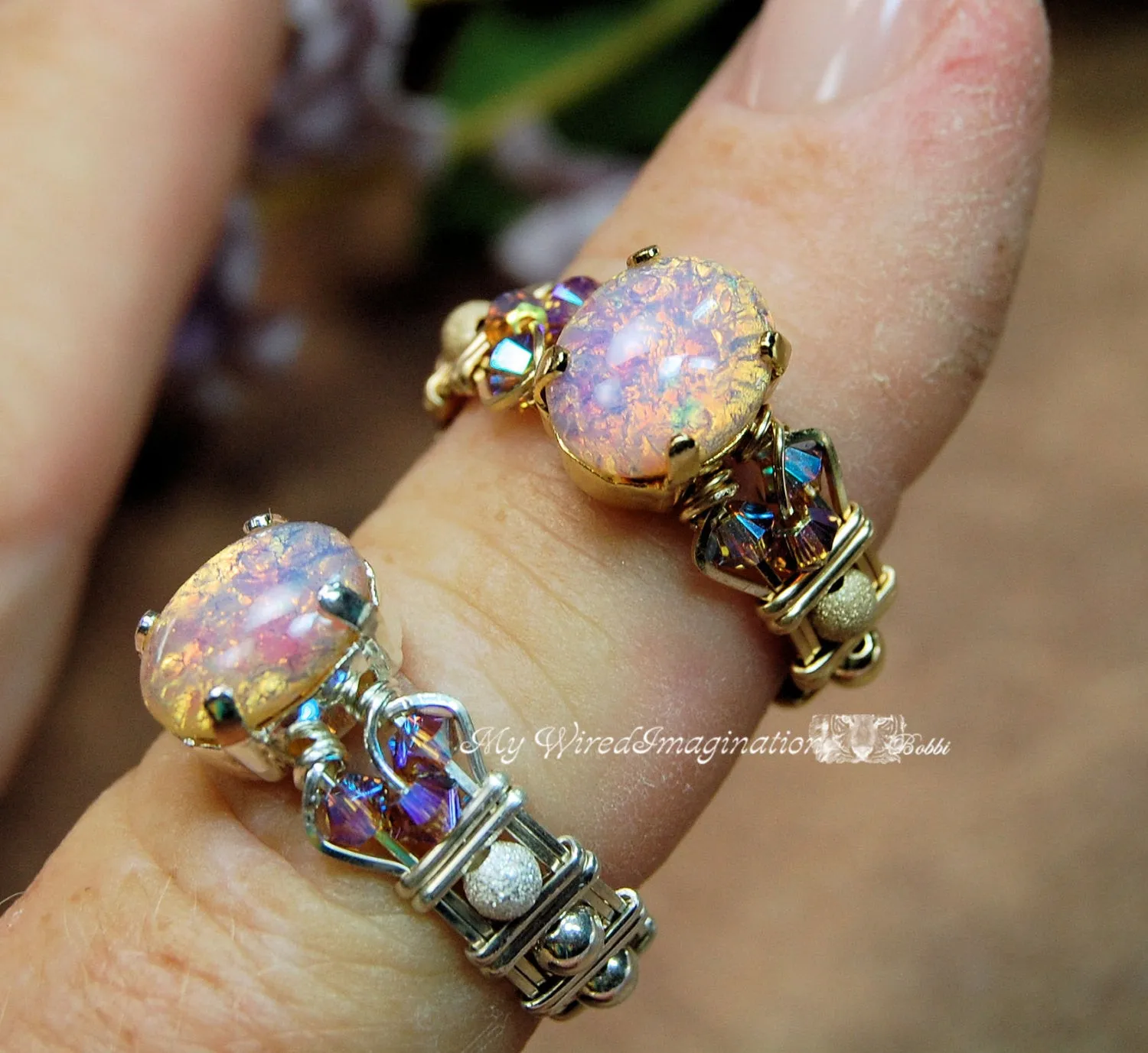 Dainty Pink Opal Ring, Vintage West German Glass Stone, Handmade Ring, Made to Order