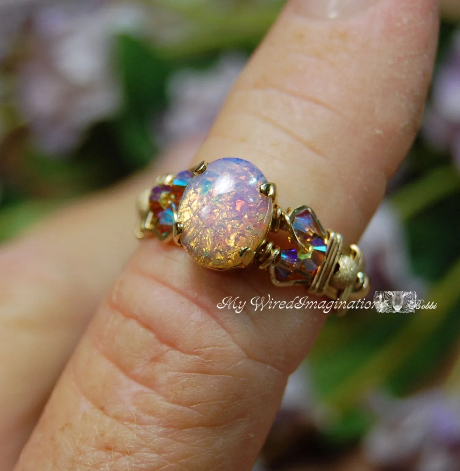 Dainty Pink Opal Ring, Vintage West German Glass Stone, Handmade Ring, Made to Order