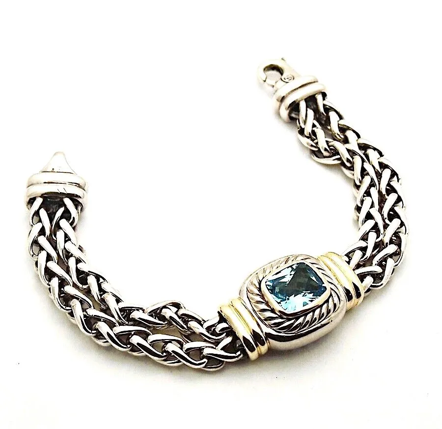 DAVID YURMAN DOUBLE WHEAT LINK BLUE TOPAZ STERLING 14K BRACELET