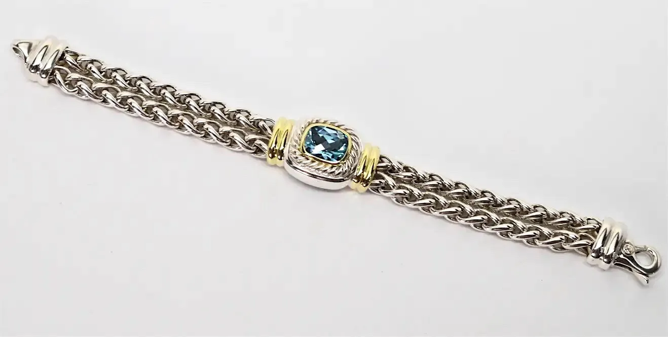 DAVID YURMAN DOUBLE WHEAT LINK BLUE TOPAZ STERLING 14K BRACELET