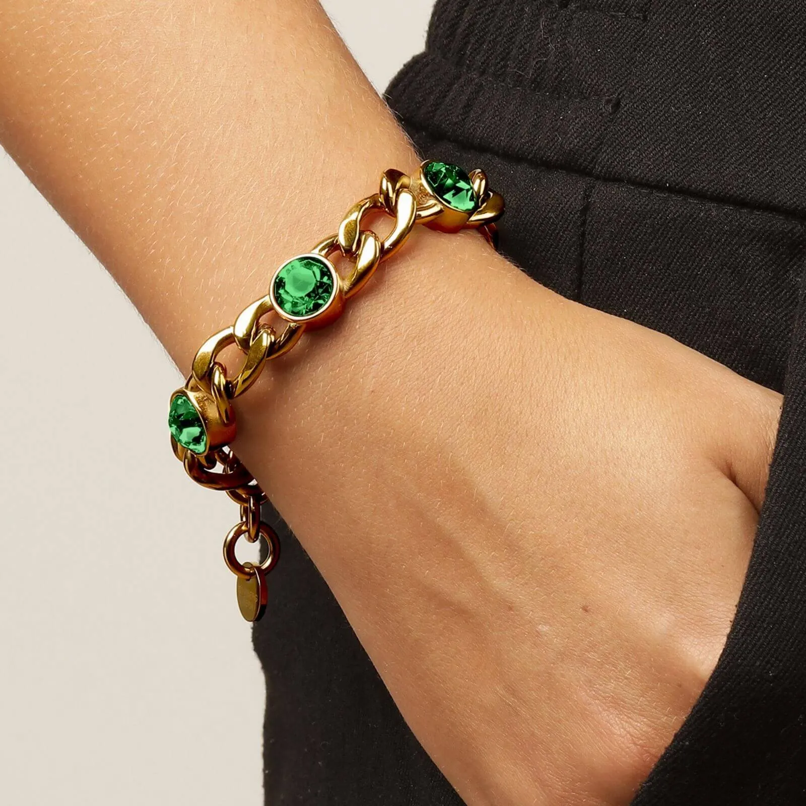 Dyrberg Kern Ariane Gold Curb Chain Bracelet - Emerald Green