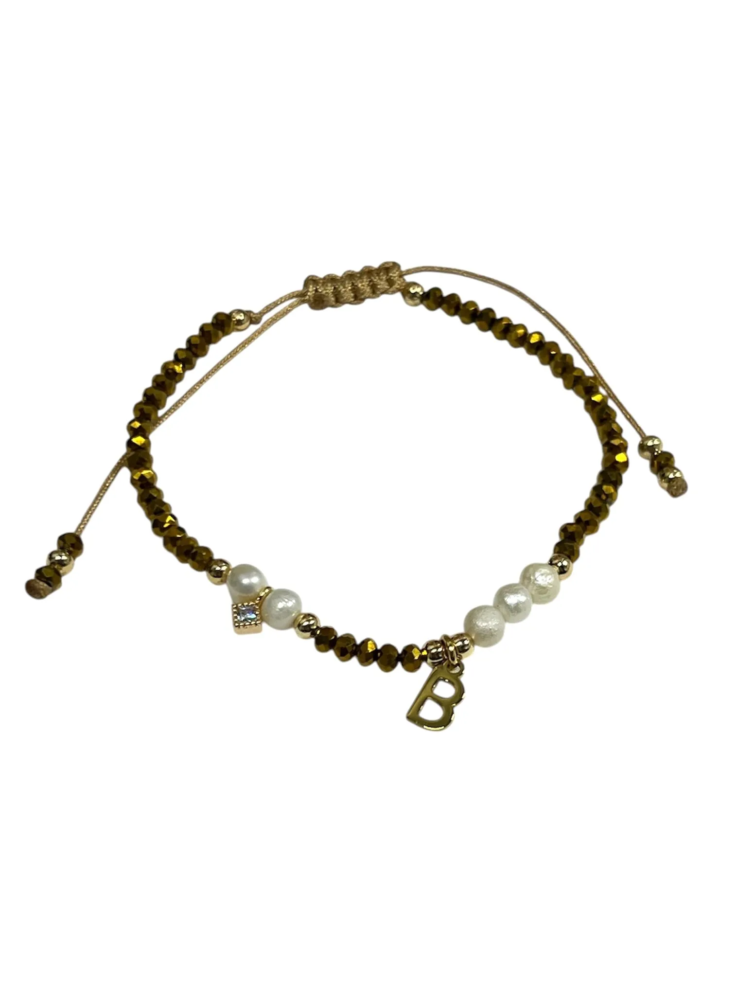 E-HC DESIGNS- Gold Mini Crystal Pearl Adjustable Bracelet With Initial