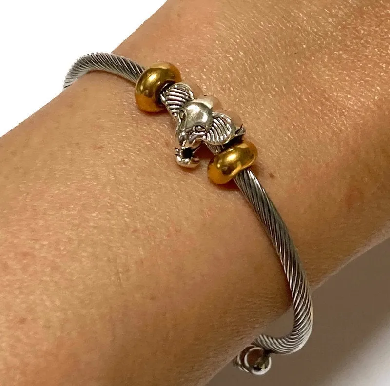 Elephant Stainless Expandable twisted Steel Bracelet Glass Charm Bead. Easy to put on adjustable stretch memory wire. One size fits most