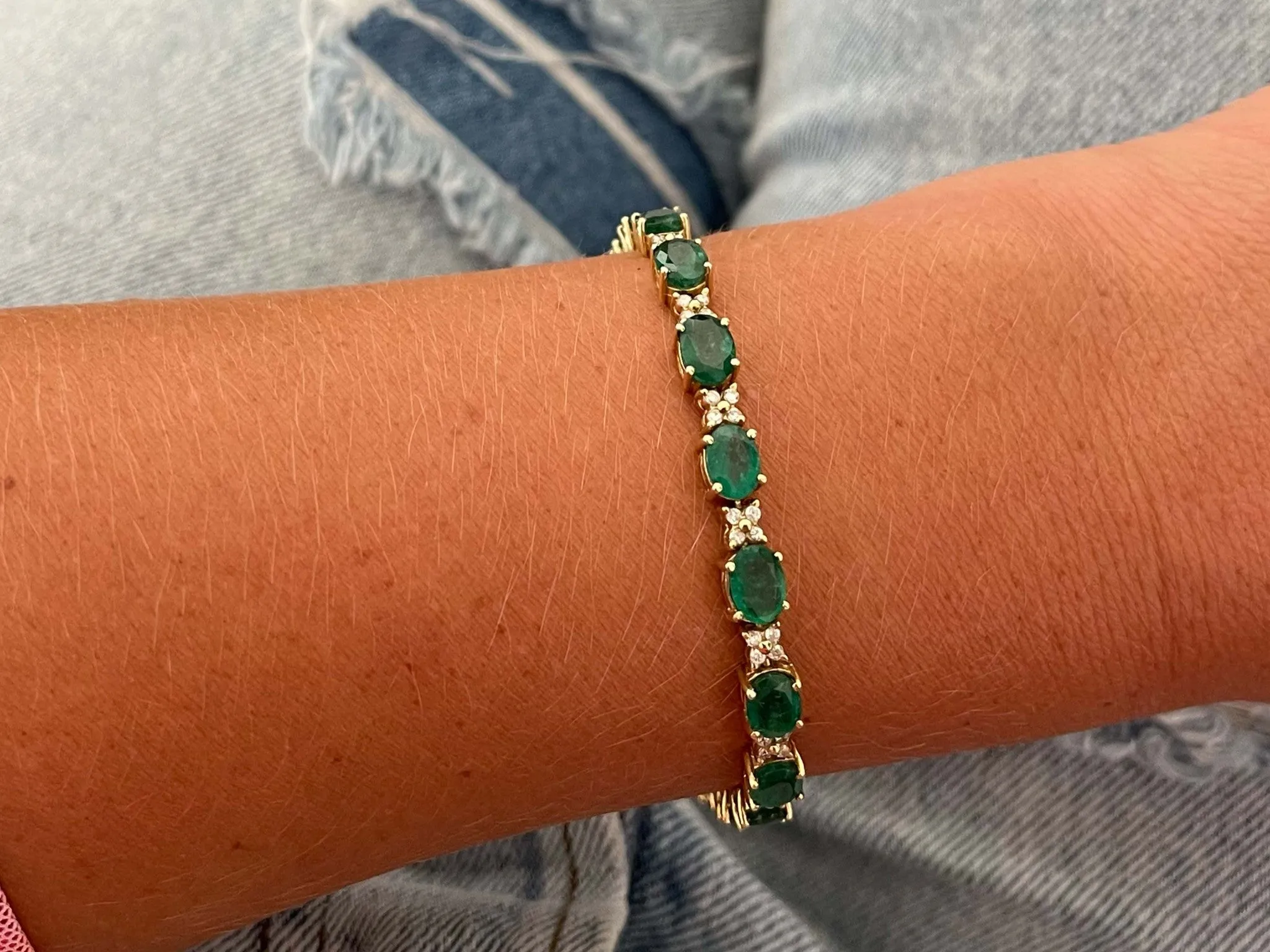 Emerald and Diamond Tennis Bracelet in 14k Yellow Gold