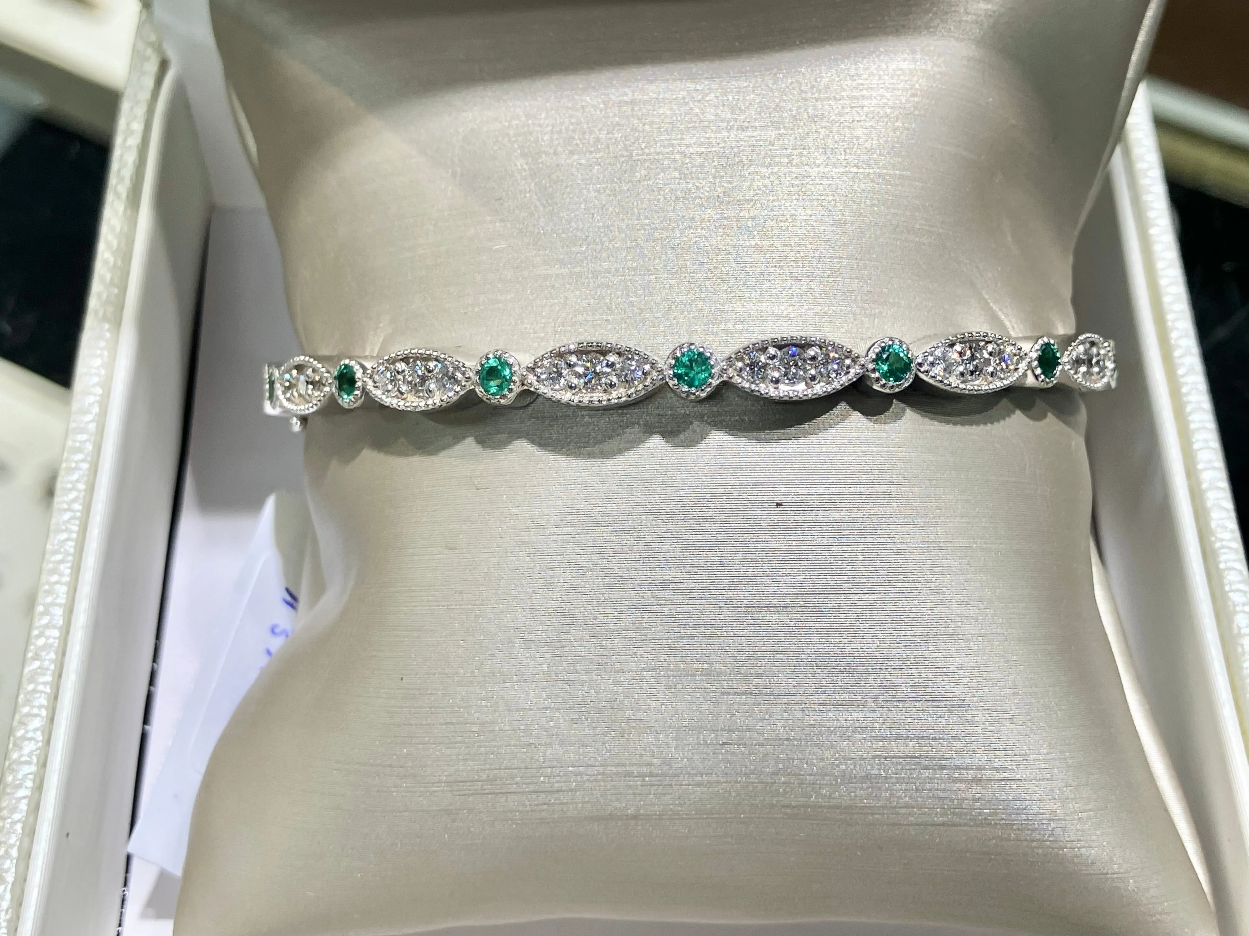 Emerald And Natural Diamond White Gold Bangle Bracelet