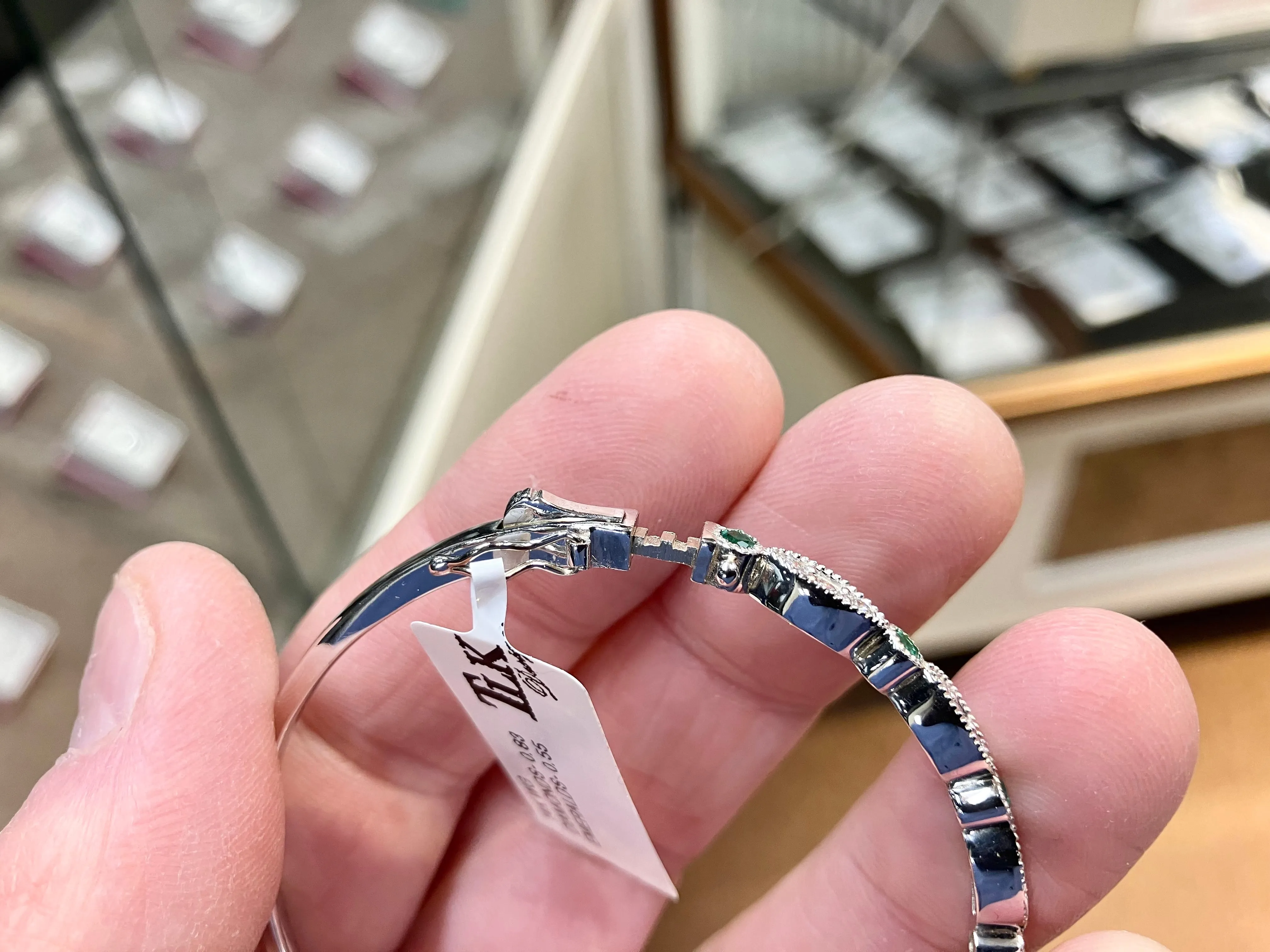Emerald And Natural Diamond White Gold Bangle Bracelet