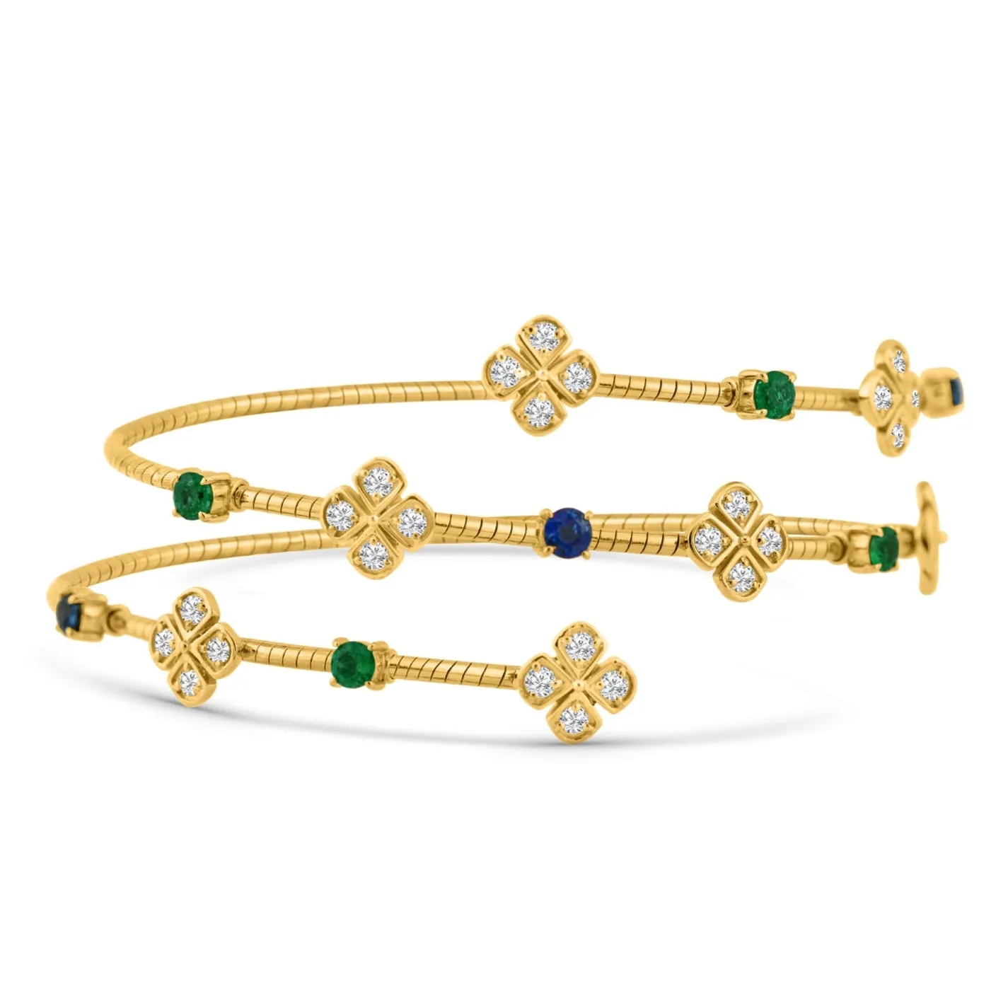 Emerald, Blue Sapphire Round And Diamond Bangle In 18K Yellow Gold
