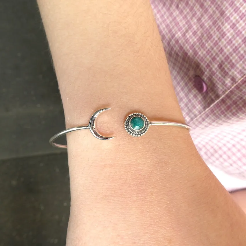 Emerald Crescent Moon Cuff Bracelet, 925 Sterling Silver, ks