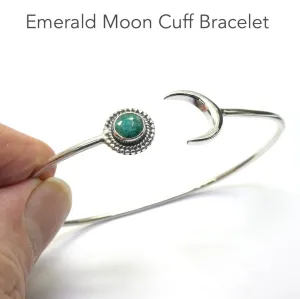 Emerald Crescent Moon Cuff Bracelet, 925 Sterling Silver, ks