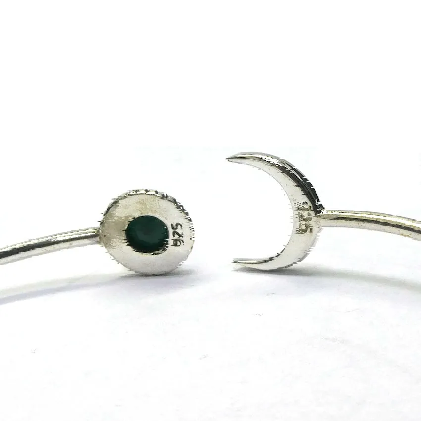 Emerald Crescent Moon Cuff Bracelet, 925 Sterling Silver, ks