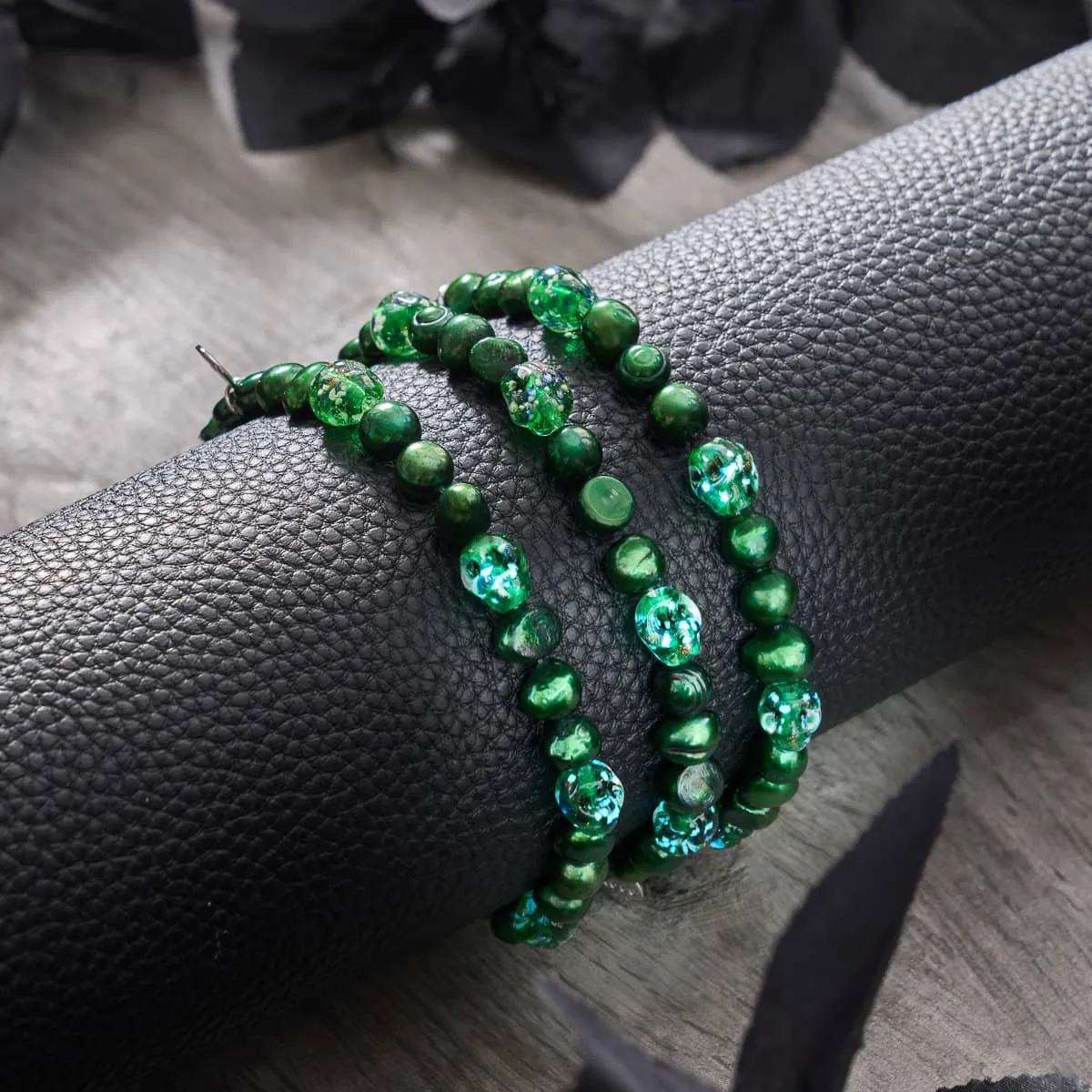 Emerald Crown | .925 Sterling Silver | Green Freshwater Pearl x Firefly Glass Skull Bracelet