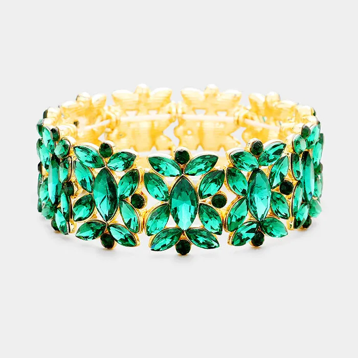 Emerald Crystal Floral Pageant Stretch Bracelet on Gold  | Prom Bracelet | 389478