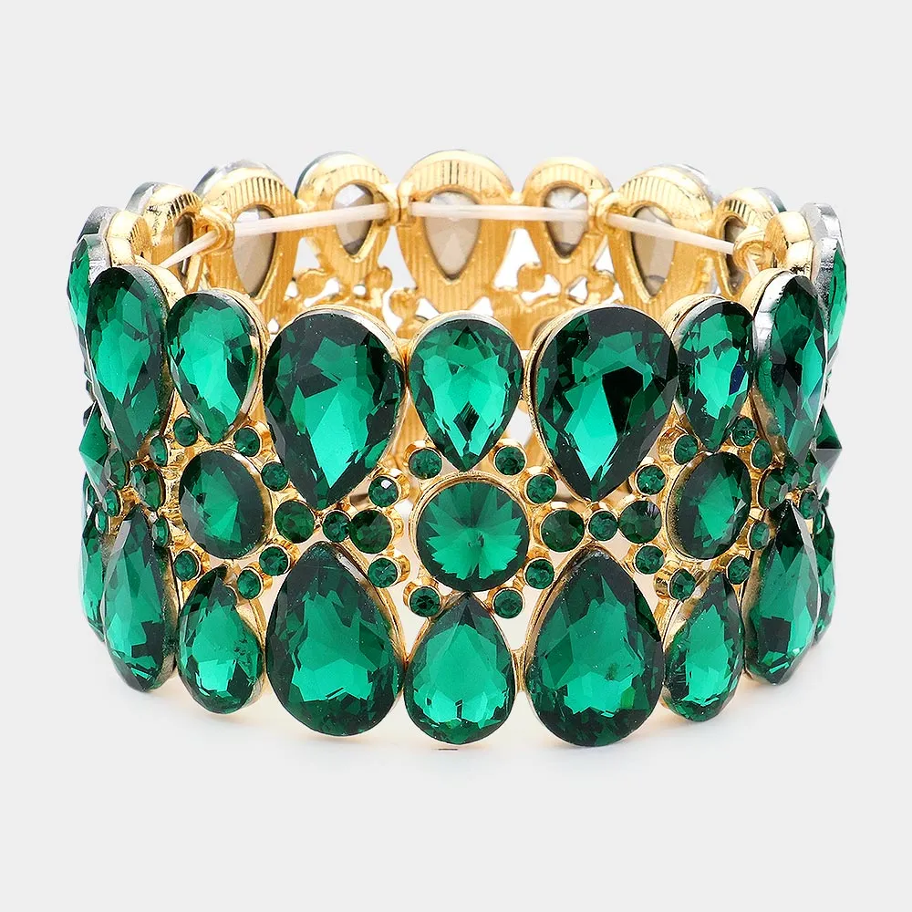Emerald Crystal Teardrop Surround Stretch Pageant Bracelet | Prom Jewelry | 537647