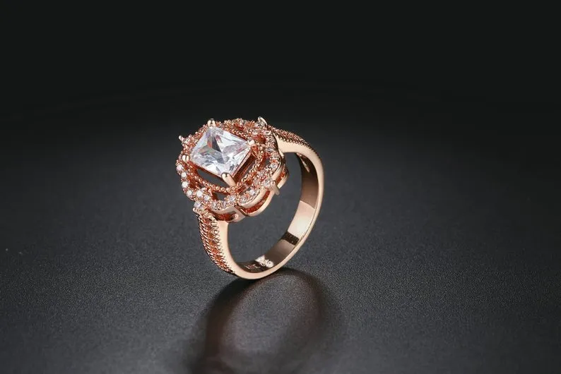 Emerald cut Moissanite Engagement Ring, vintage Rose gold Hidden Halo ring, Cluster Unique Ring, Stacking Jewelry, Bridal Ring For Women
