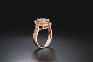 Emerald cut Moissanite Engagement Ring, vintage Rose gold Hidden Halo ring, Cluster Unique Ring, Stacking Jewelry, Bridal Ring For Women
