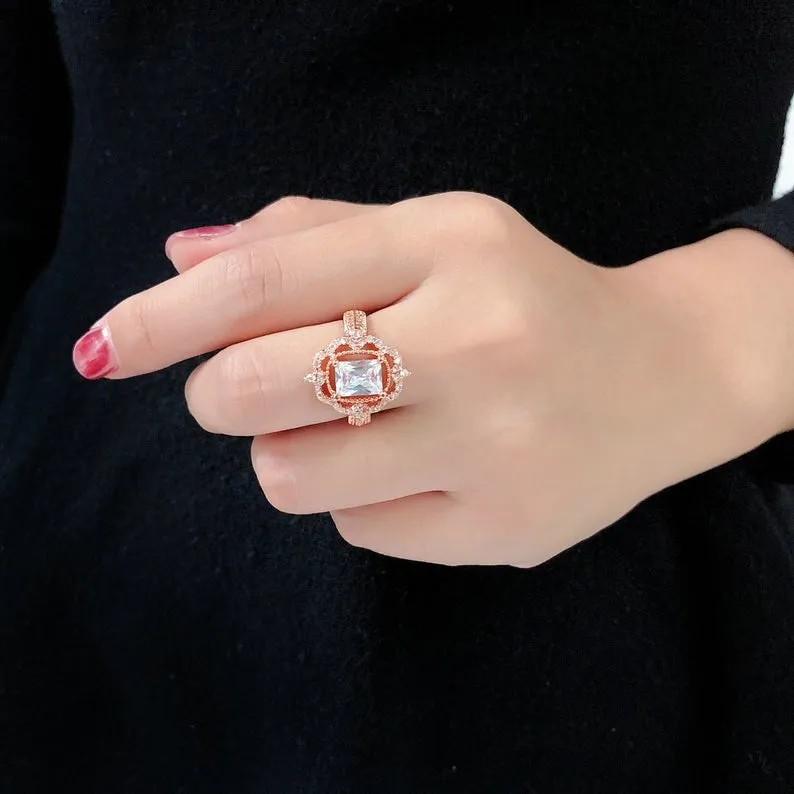 Emerald cut Moissanite Engagement Ring, vintage Rose gold Hidden Halo ring, Cluster Unique Ring, Stacking Jewelry, Bridal Ring For Women