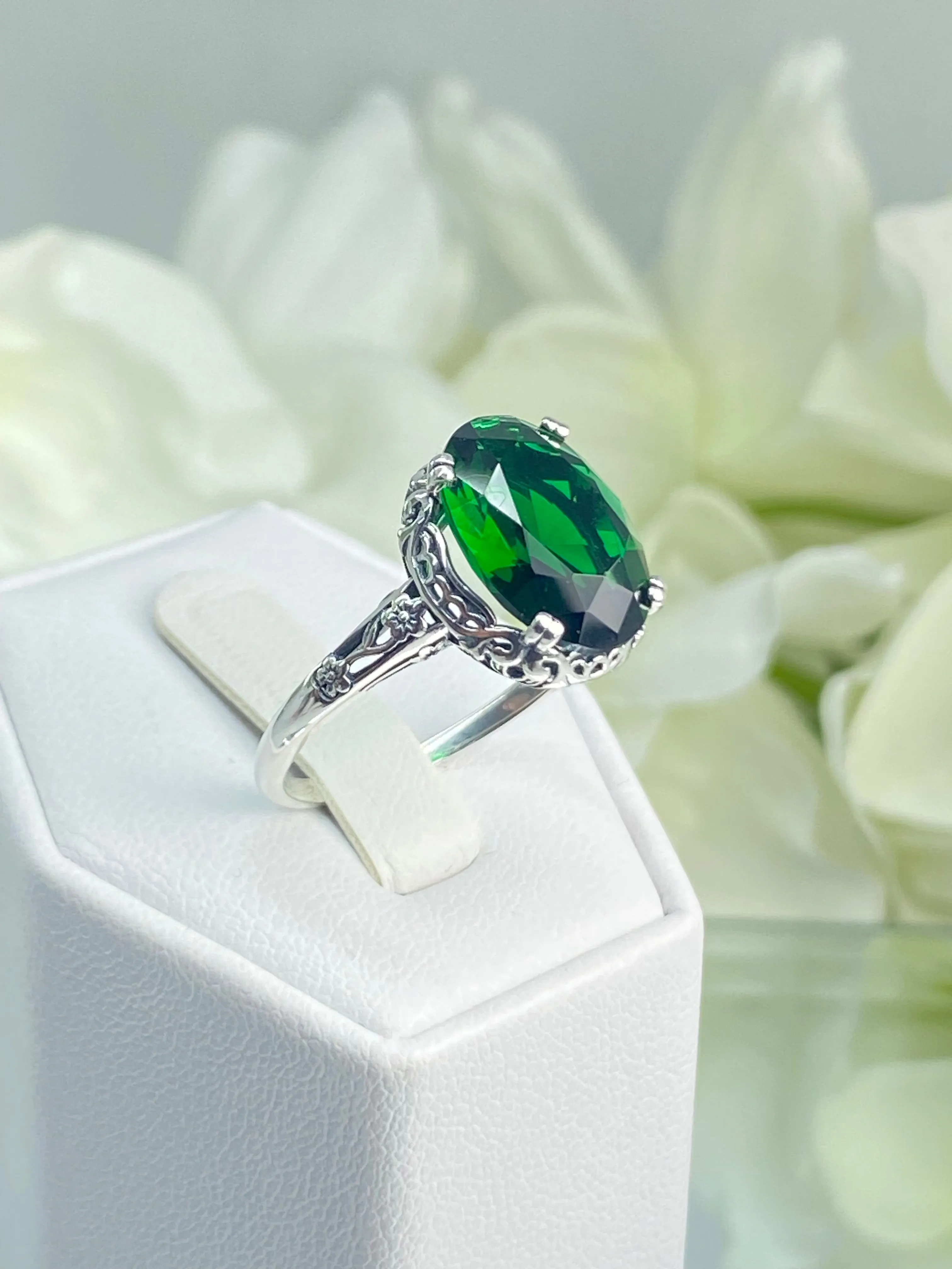 Emerald Ring, Size 9, Sterling Silver Edwardian Jewelry #D70 - Ready to Ship