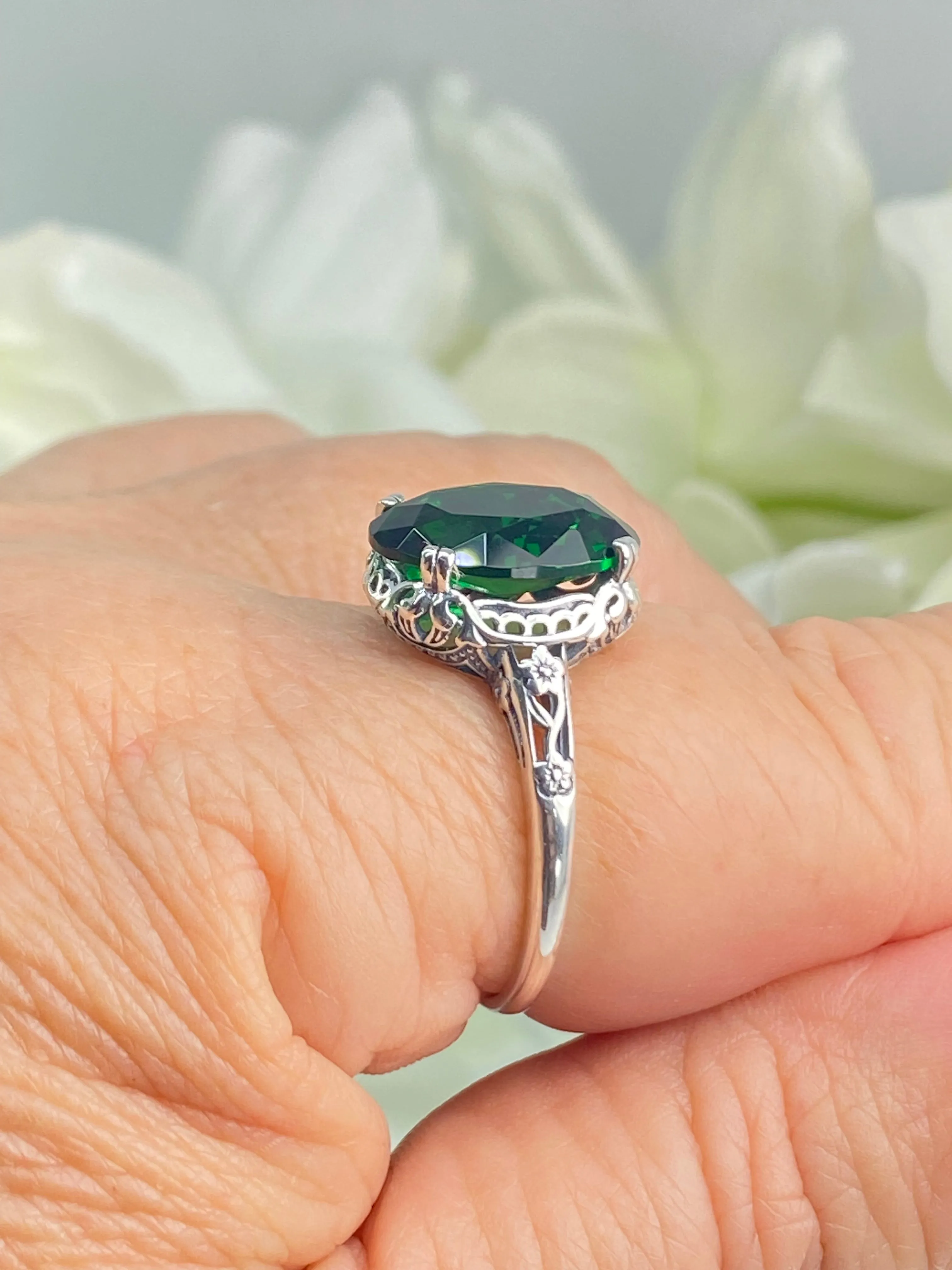 Emerald Ring, Size 9, Sterling Silver Edwardian Jewelry #D70 - Ready to Ship