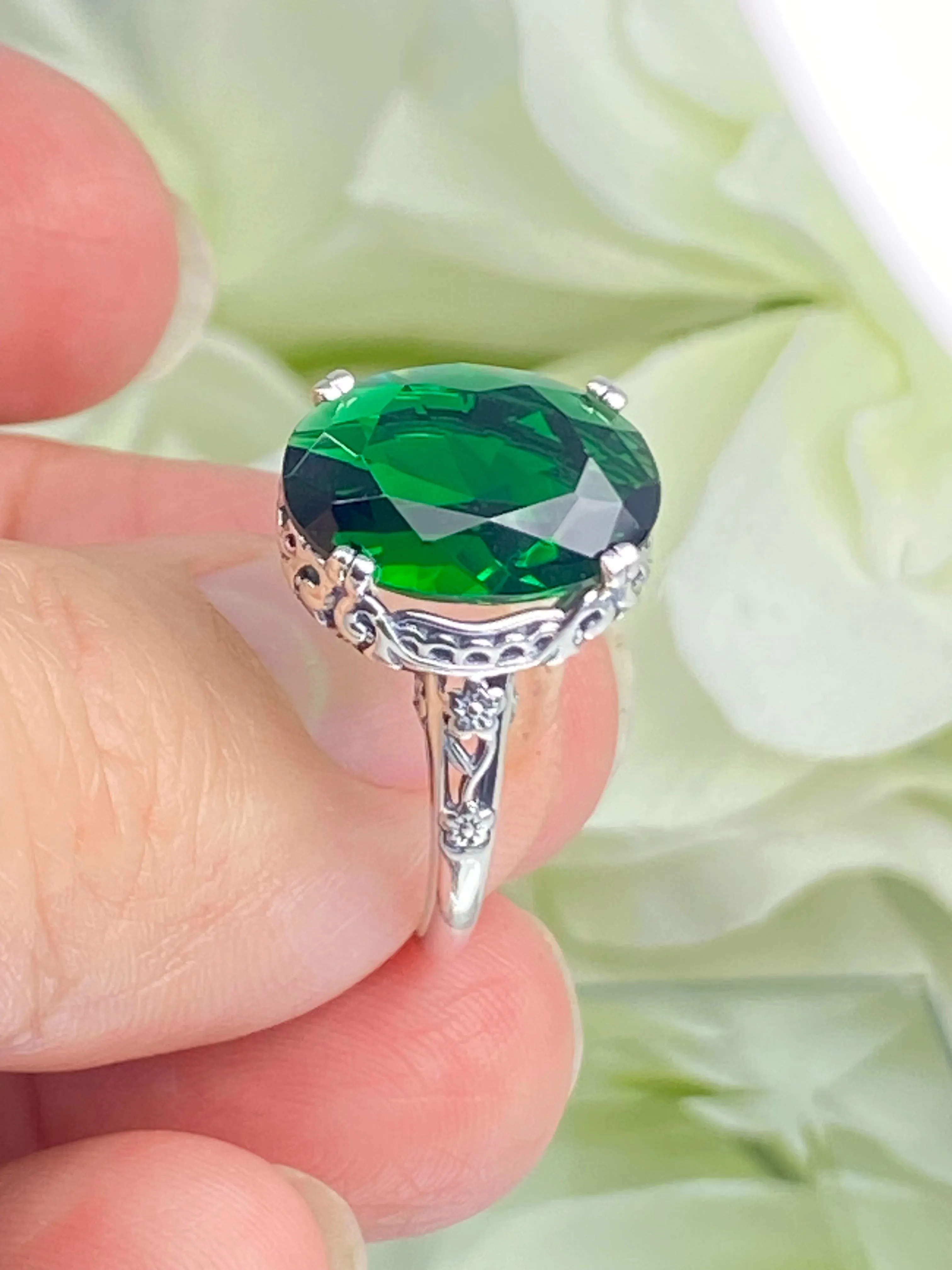 Emerald Ring, Size 9, Sterling Silver Edwardian Jewelry #D70 - Ready to Ship