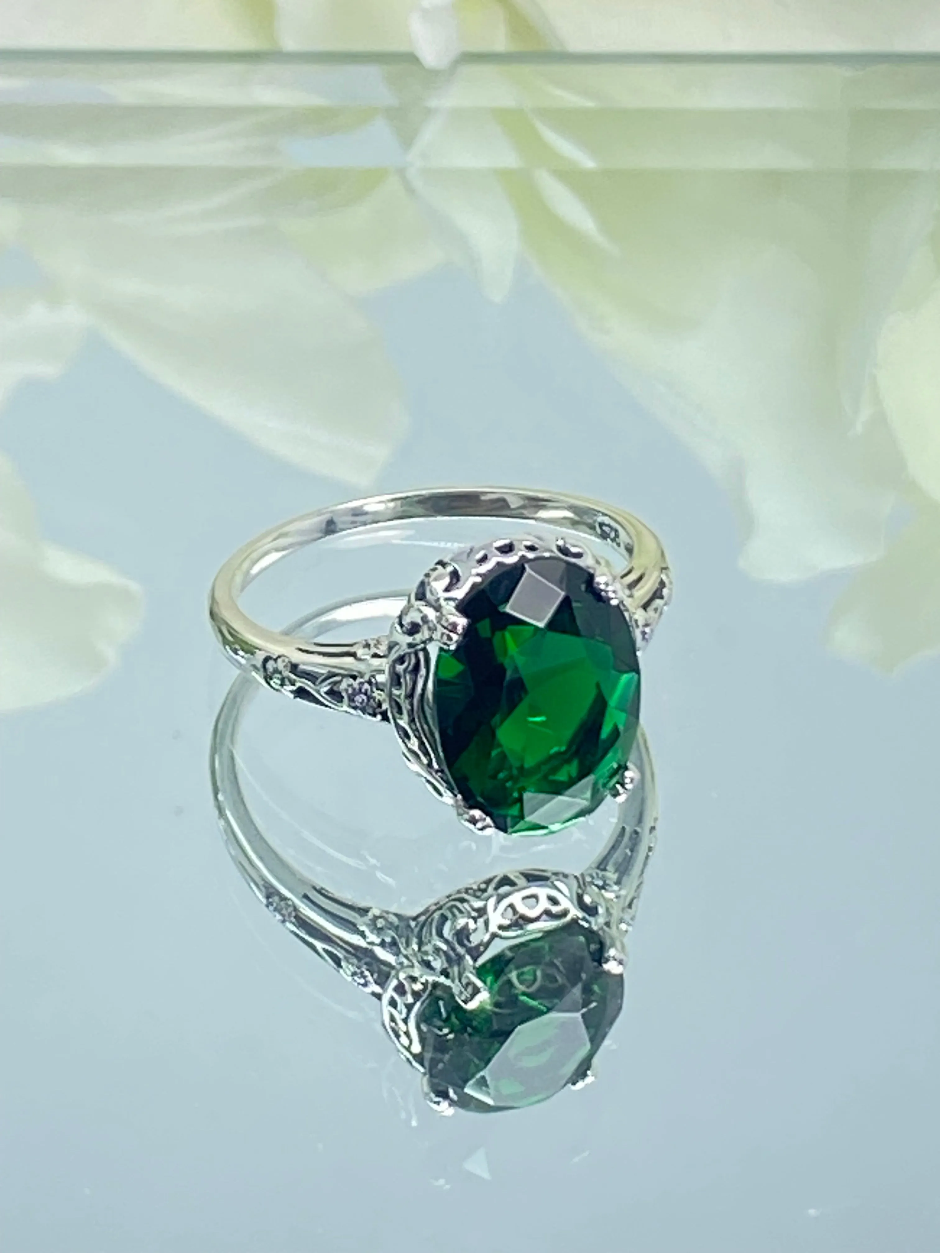 Emerald Ring, Size 9, Sterling Silver Edwardian Jewelry #D70 - Ready to Ship